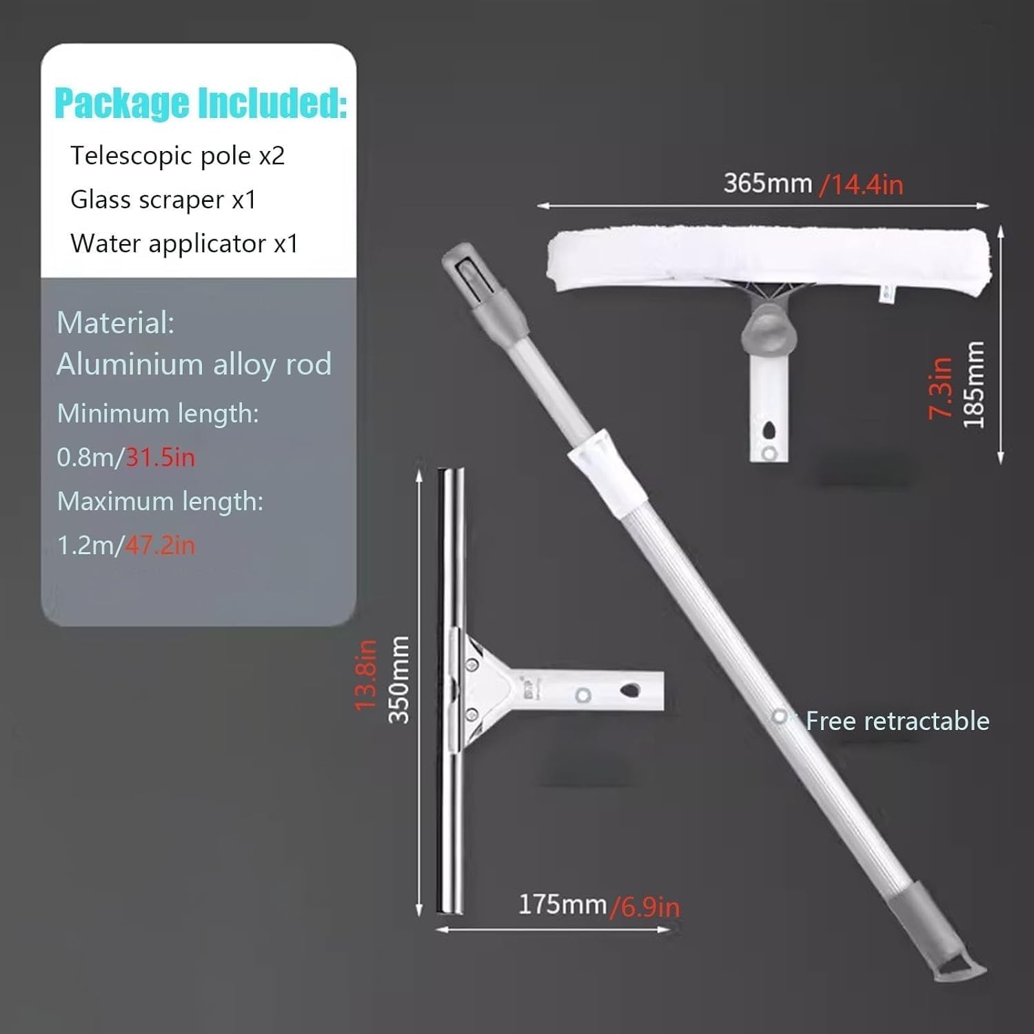 2-in-1 Telescopic Window Washing Pole for Shower/Windshield/Sliding Door/High Window/Car, Window Cleaning Squeegee Kit, With Dual Side Blade Rubber & Scrubber Sponge,1.2 1.5 2 3 4m(1.2m/47.2in)