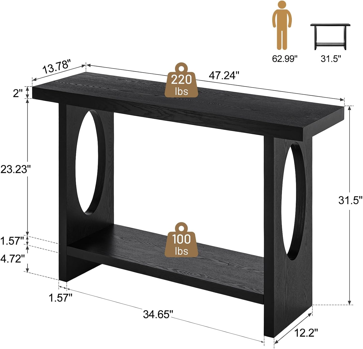 BECHAEO Modern Console Tables for Entryway, 47‘’ Narrow Console Table with Thickened Tabletop & Stable Base, 2-Tier Rectangular Sofa Table Behind Couch, for Living Room, Hallway