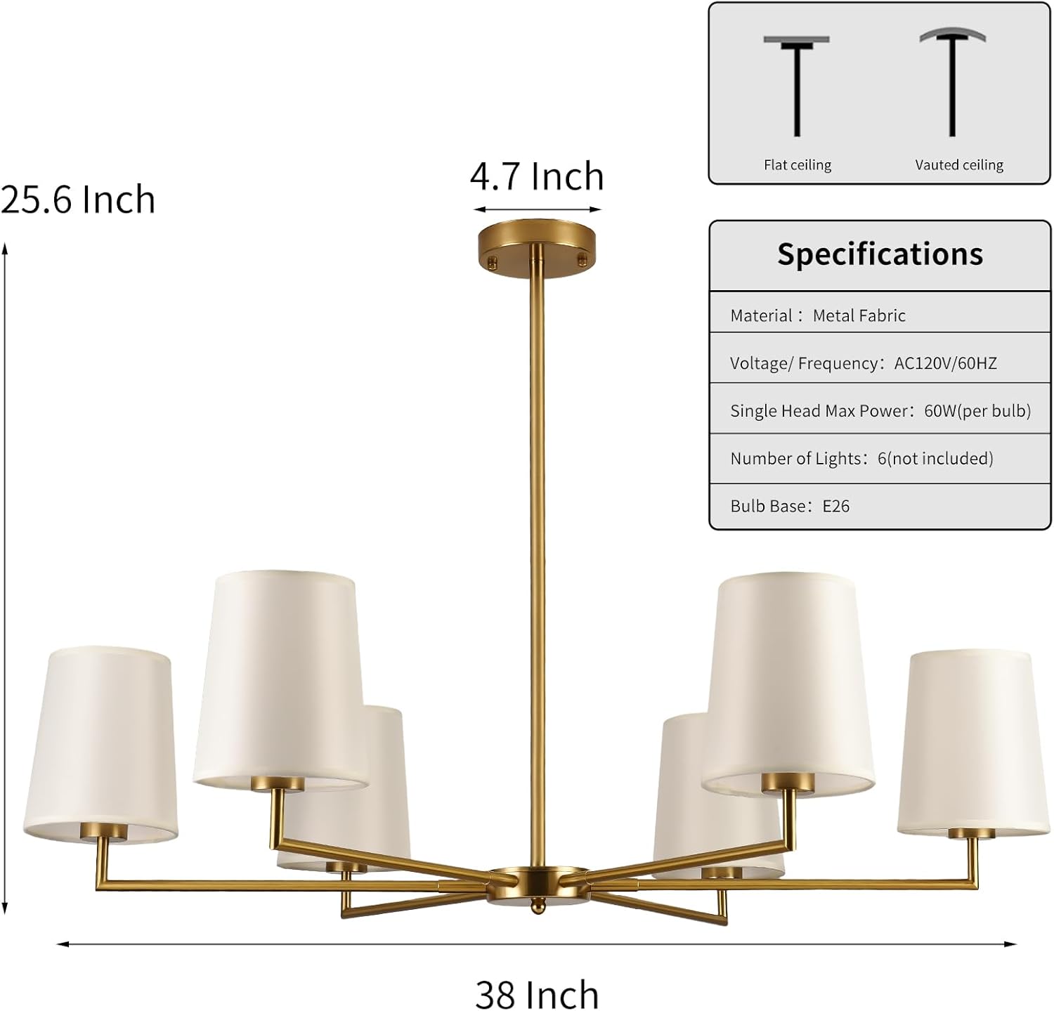 38" Brushed Gold Chandeliers for Dining Room:6-Light Modern Farmhouse Chandelier, Brass Candle Style Hanging Light Fixture for Living Room Bedroom Kitchen Island Not Included