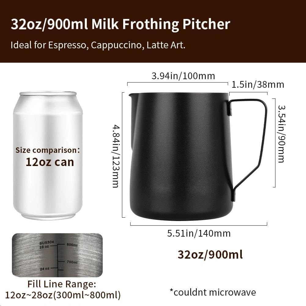 watchget Milk Frothing Pitcher 32oz/900ml - Stainless Steel Frothing Pitcher Espresso Steaming Pitcher Coffee Frother Cup Cappuccino Latte Art Coffee Machine Accessories Milk Jug, Black