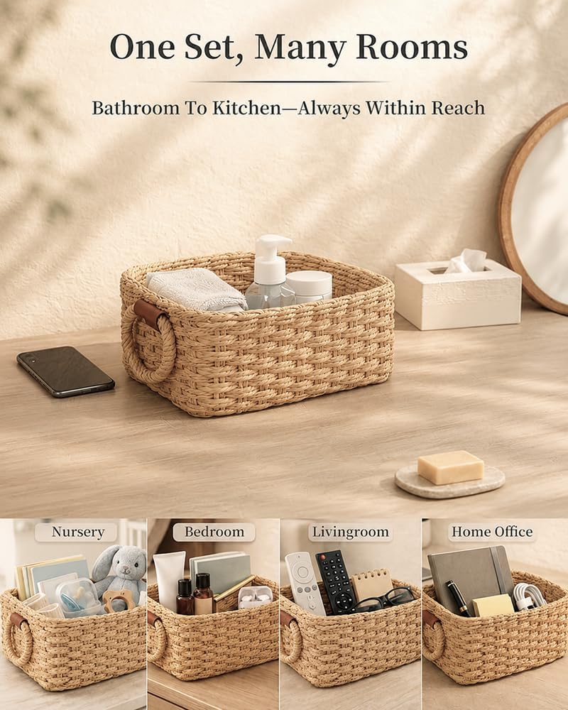 Small Woven Storage Baskets for Shelves, 3 Pack, Desert