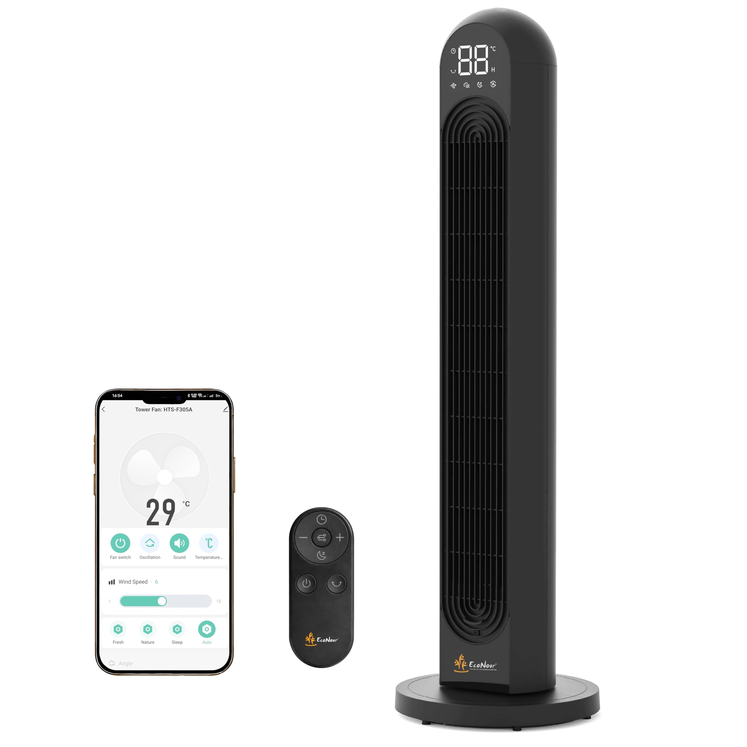 EcoNour Ventilador de torre inteligente de 42 pulgadas | Ventilador oscilante silencioso con WiFi, Alexa y mando a distancia | 12 velocidades, 4 modos, temporizador de 12 horas, pantalla LED táctil