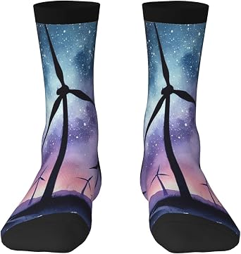 Men Crew Socks Starlit Wind Turbines Night Novelty Socks For Work,Casual,Sports Socks