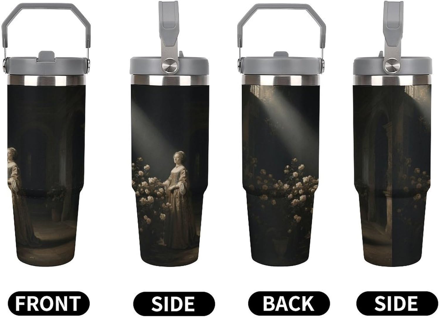 30 Oz Insulated Mug with Handle Lid And Straw A Noble Lady in A Courtyard Pattern Large Metal Sports Bottle Great for Gifts Parties Office Coffee