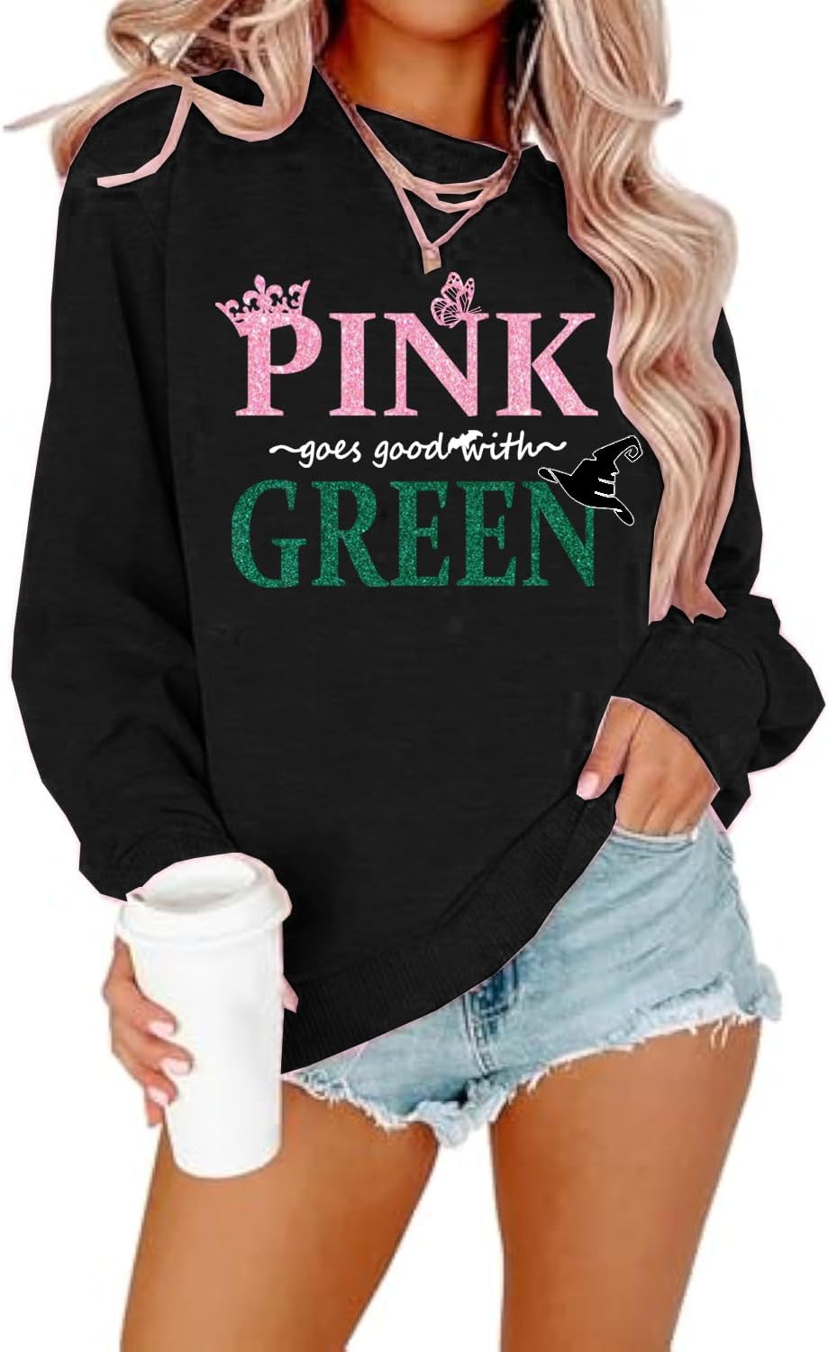 Pink Goes Good with Green Sweatshirt Women Musical Movie Graphic Gifts Casual Long Sleeve Sweater Tops