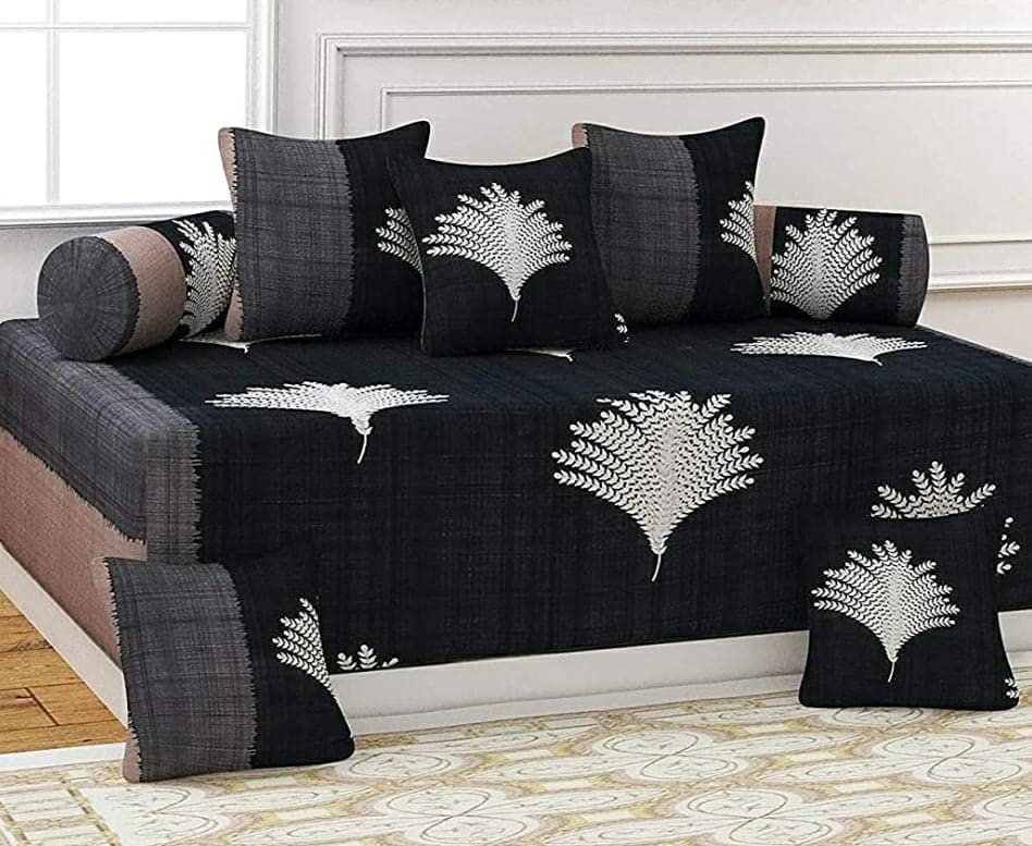 Soft Glace Cotton Designer Printed Diwan Set, 1 Single Bedsheet, 2 Bolster Covers, 5 Cushion Covers,Multicolor - 8 Piece-image-13
