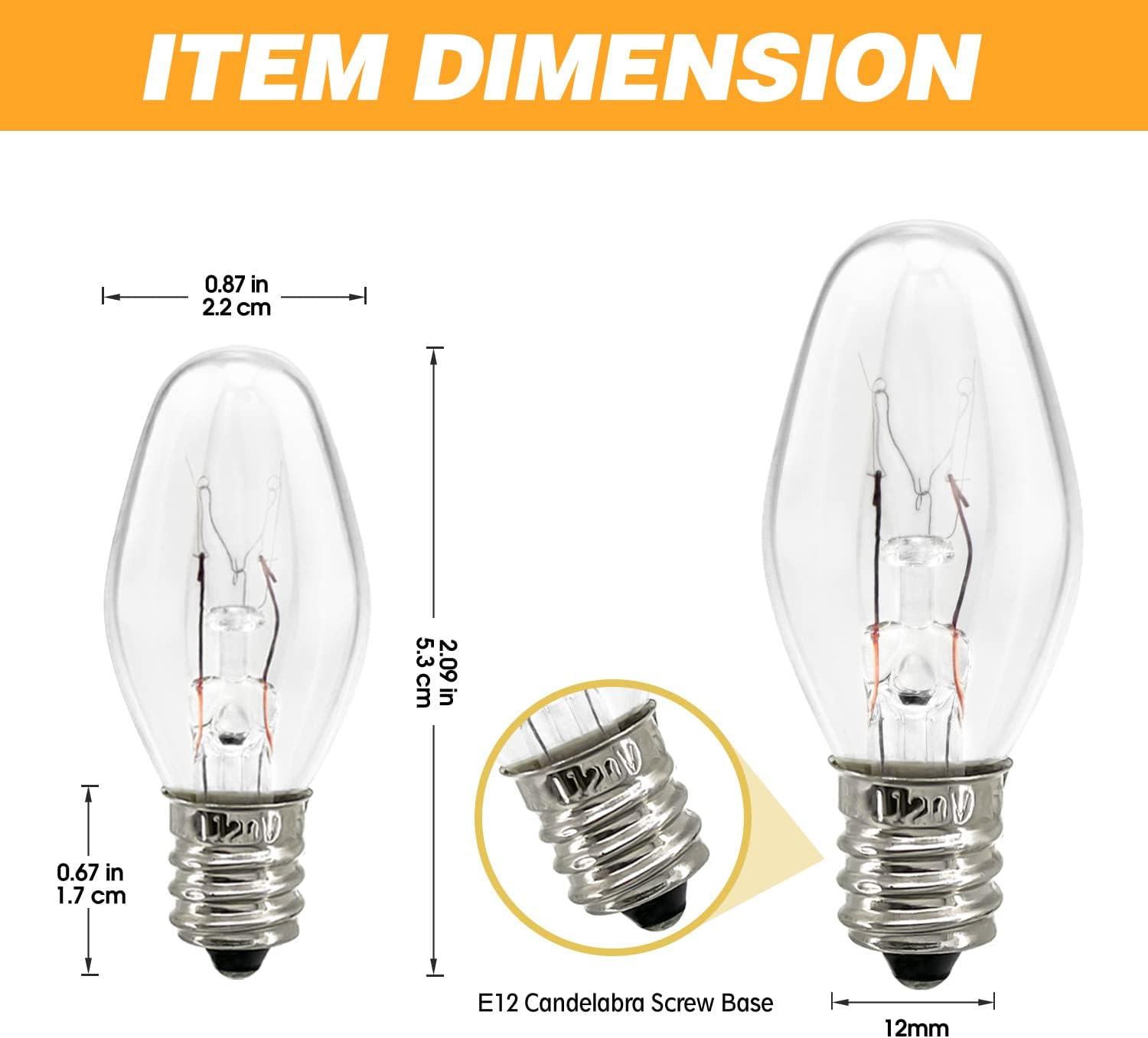 7 Watt Night Light Bulb, 12Pack Dimmable Night Light Bulbs Clear, Nightlight Bulbs Replacement with E12 Candelabra Base, C7 Replacement Bulbs for Night Lights, Chandeliers, Candle Lamps