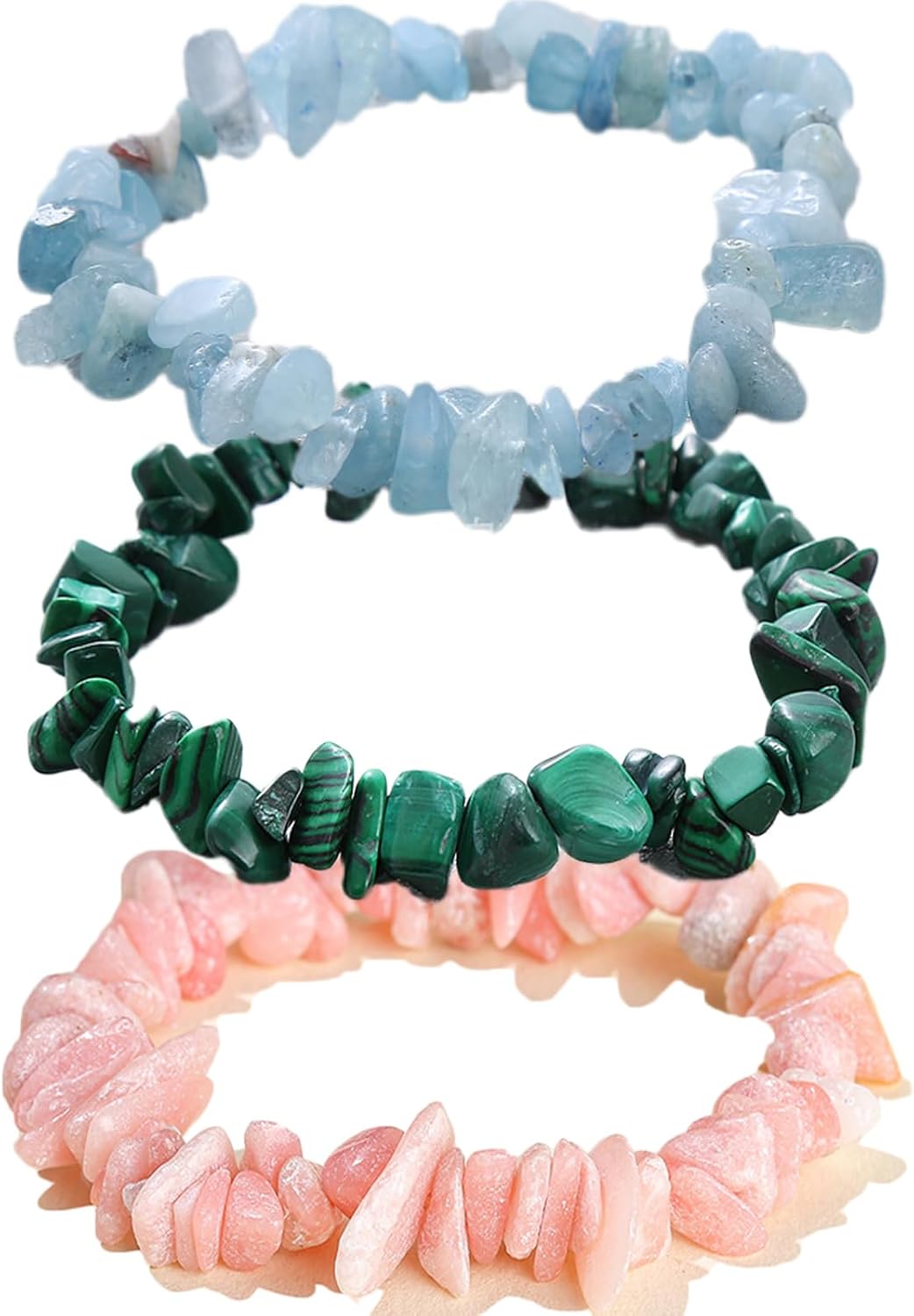 Healing Crystal Bracelets 3 Pack for Women, Stone Energy Bracelet Set with Pink Opal, Aquamarine, Malachite for Anxiety Relief, Emotional Healing, Love & Good Luck, Chakra Balancing Gift