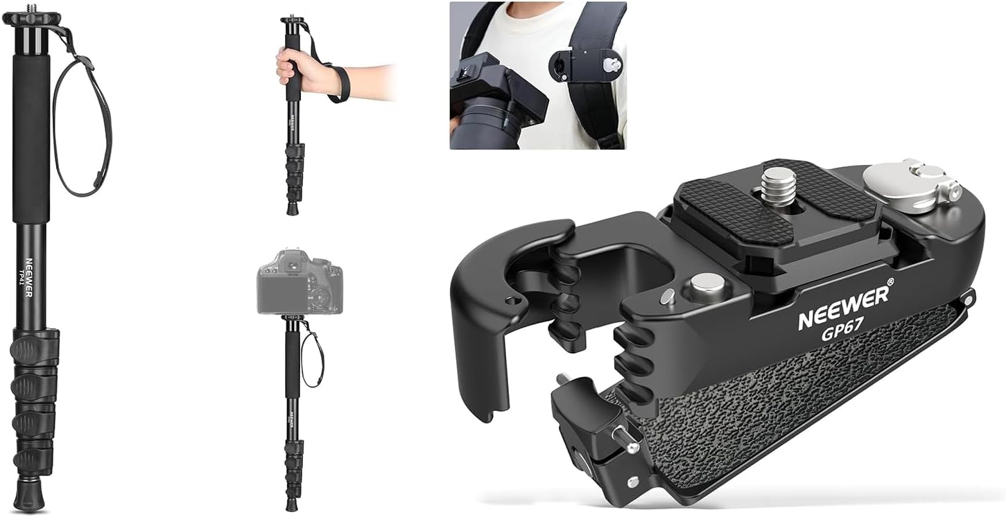 NEEWER TP41 61"/155cm Camera Monopod Stand + GP67 Backpack Camera Clip Mount with QR Plate Compatible with PD QR System, Aluminum Alloy Portable Travel Video Monopod Pole with 1/4" 3/8" Screw Adapter