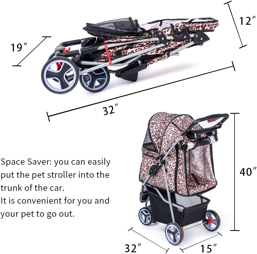 Comiga Pet Stroller, 3-Wheel Cat Stroller, Foldable Dog Stroller with Removable Liner and Storage Basket, for Small-Medium Pet,Leopard