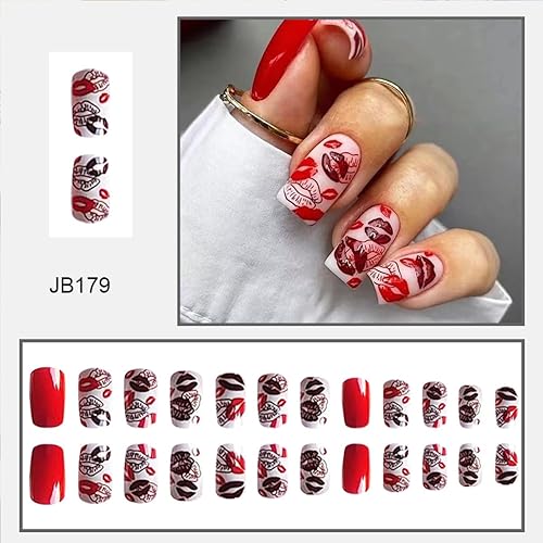 Miniatura 2 de LRKNNO Uñas postizas a presión de San Valentín, uñas postizas cuadradas medianas con labios rojos, diseño de labios rojos brillantes, uñas postizas