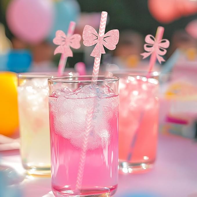 24 pitillos de papel decorativos con moño rosa miniatura 6