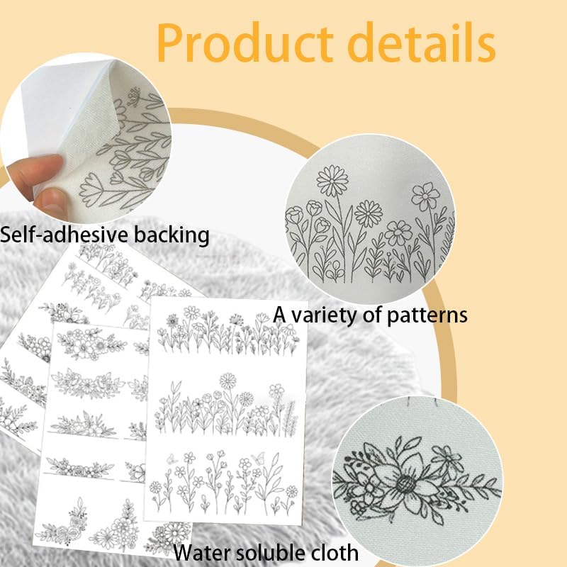 3 Sheets Water Soluble Embroidery Stabilizer,Stick and Stitch Washaway Embroidery Paper with Pre-Printed Flower & Leaf Designs for Hand Sewing