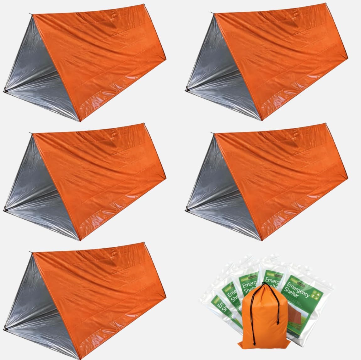 5Pcs Survival Kit Portable Survival Tents and Shelters Camping Emergency Blankets 2 Person Sleeping Bags Rain Ponchos for Adults Bulk for Outdoor Hiking,First Aid