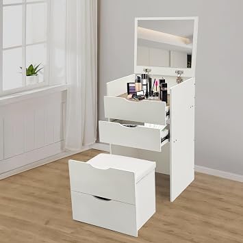 Compact Makeup Vanity Table with Hidden Chair, 3 in 1 Small Vanity Desk with Flip-top Mirror, Corner Dressing Table with Drawers for Home Apartment Dormitory