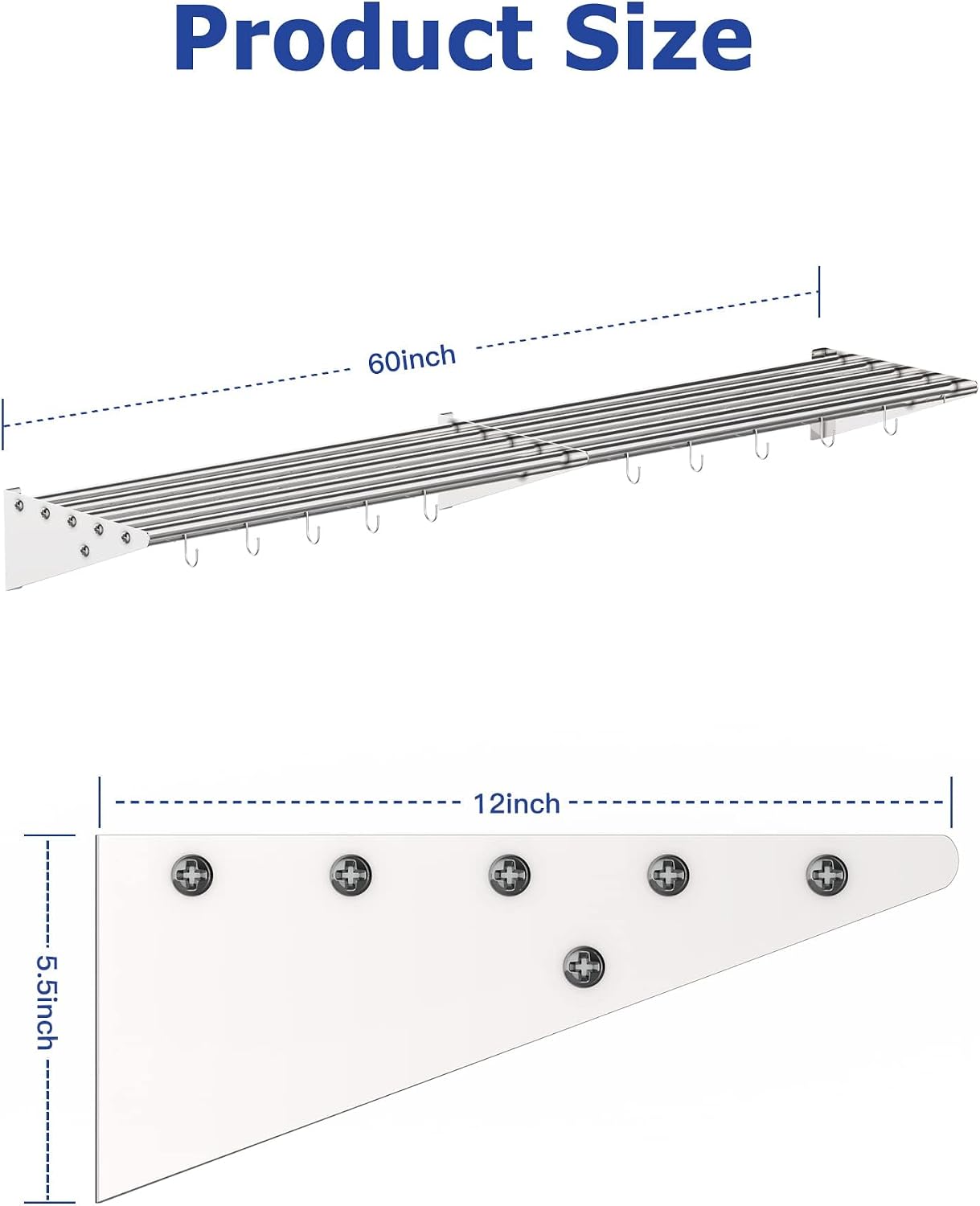 Stainless Steel Shelf Wall Mounted, NSF Commercial Wall Shelf, Floating Shelving for Kitchen, Restaurant, Home, Hotel, 60 x 12 Inches Pipe Surface with 10 Hooks