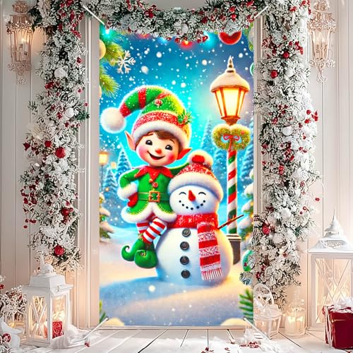 Image of BlissYard Merry Christmas Elf and Snowman Door Cover 71x35 Inch Holiday Front Porch Door Banners Decoration Winter Green Elf Hat Striped Tights Snowy for Sign Party Indoor Outdoor Decor Party Decor