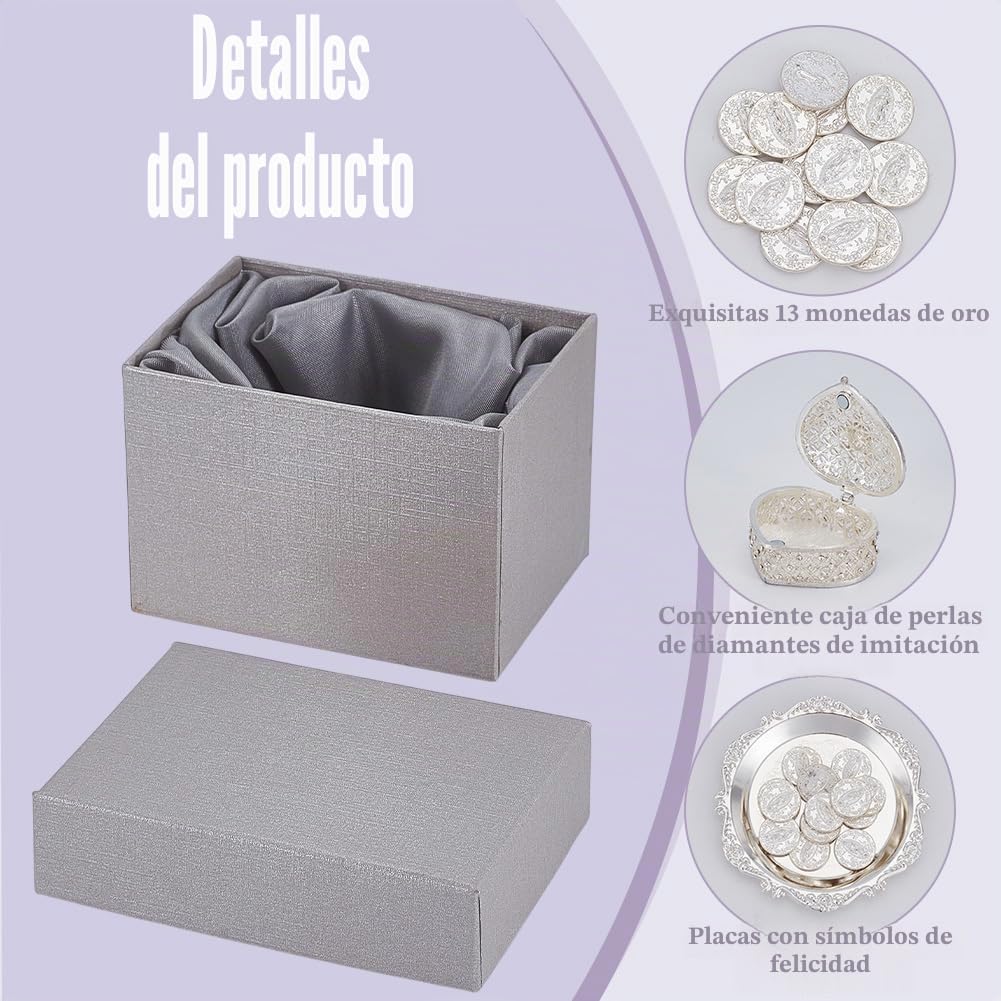 ORIGACH Juego de Moneda de Arras de Boda de Plata, Arras de Boda Cristiana, Caja en Forma de Corazón con 13 Monedas de Jesús y Bandeja en Relieve, Accesorios de Boda para la Ceremonia