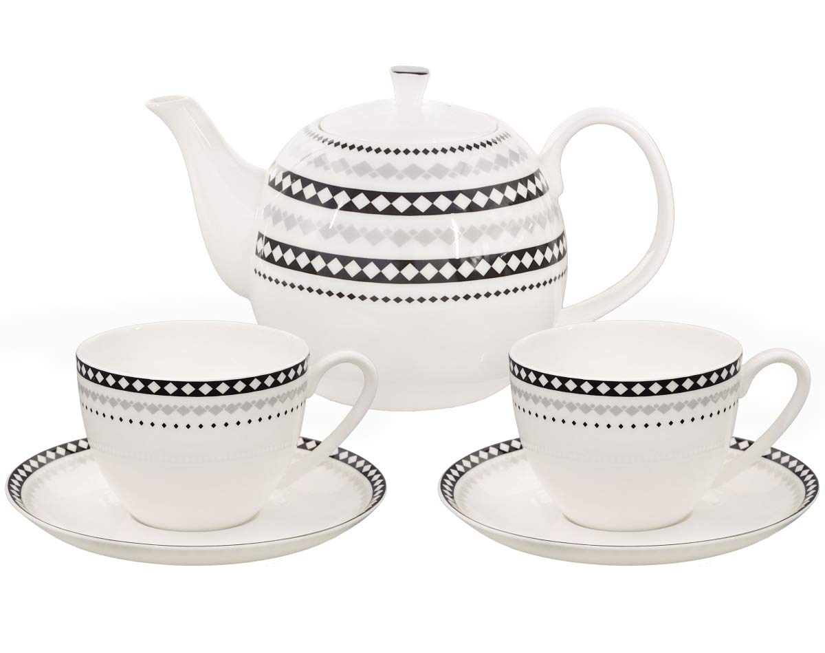 Kaffeeservice aus Fine Bone China Porzellan. Tee- / Kaffeekanne 1,5l mit stilvollem Rautendekor, 2 Kaffeetassen und 2 Unterteller.