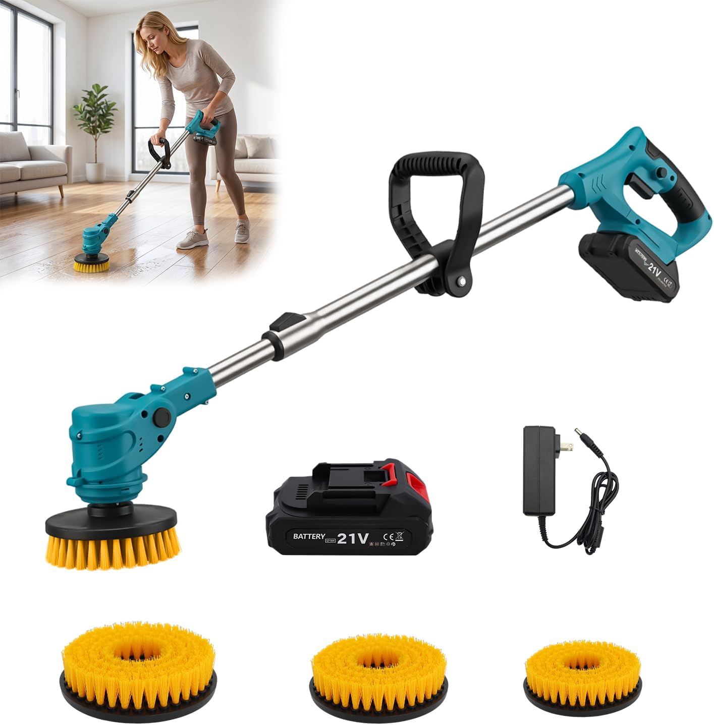 20V Cordless Rotating Floor Cleaner Multi-Functional Electric Floor Cleaning Brush With Telescopic Handle 1 Rechargeable Batteries Multiple Brush Heads Cordless Cleaning Device For Kitchen Bathroom