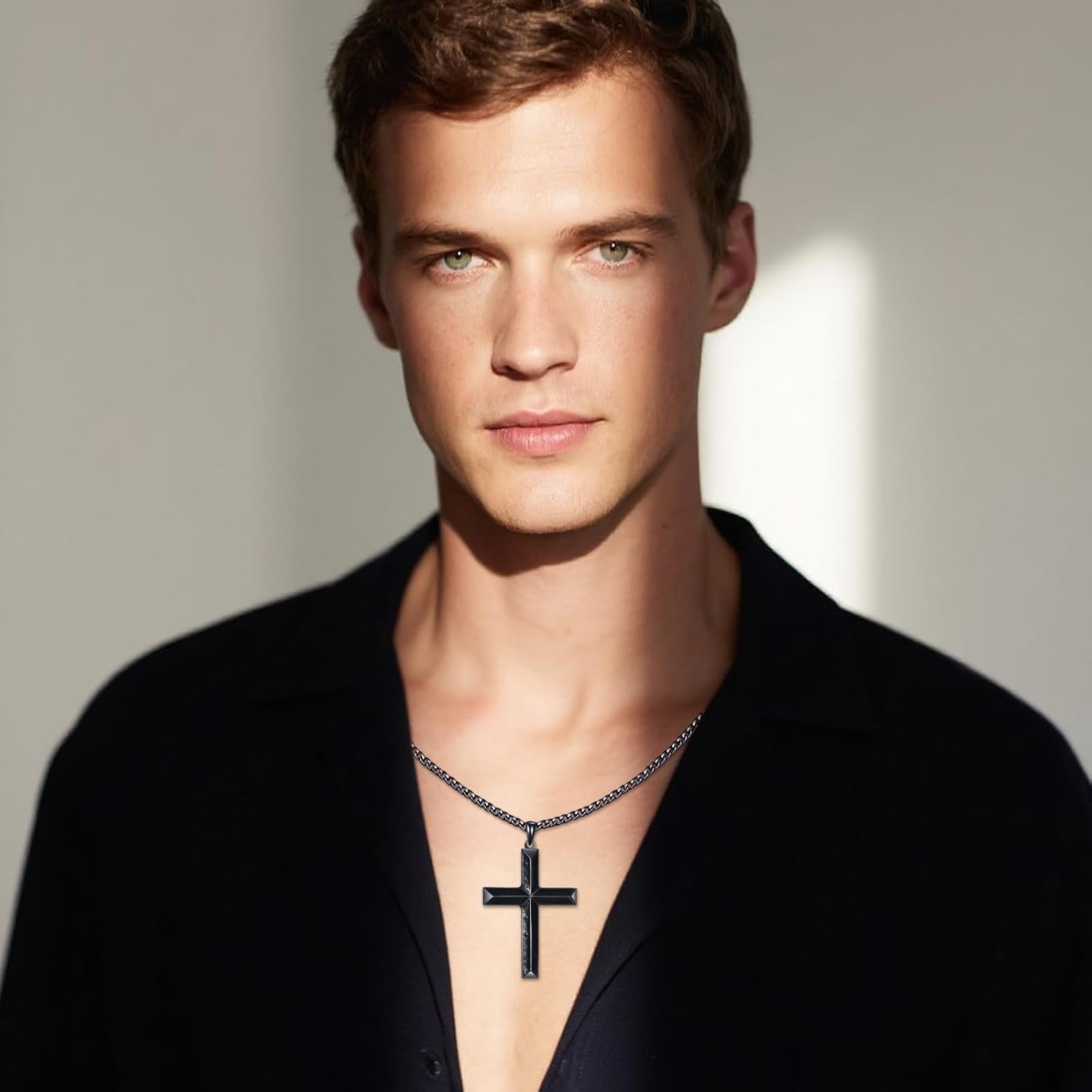 LUHE Black Cross Necklace for Men Sterling Silver Cross Pendant Necklace Black Onyx Jewelry Religious Jewelry Christian Gifts - Image 4