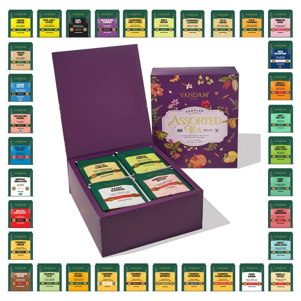 VAHDAM, Assorted Tea Bags Sampler Diwali Gift Items (40 Flavors) Tea