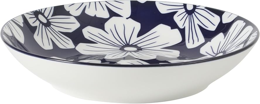 Gibson Home Heritage Sky 4-Piece Pasta Bowl Set, 8 Inch Round Stoneware Bowls, Blue & White Floral Design, Decorative Everyday Use