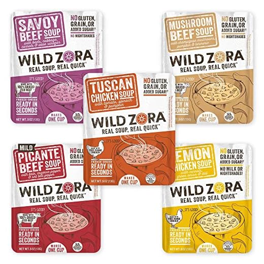 Wild Zora Instant Keto-Friendly Soups 5-Pack Variety, Broth Made with Grass-Fed Beef, Free-Range Chicken, and Vegetables, Gluten-Free, Low Carb, No Added Sugar, Flavorful Pantry Staples - 0.5oz/13g