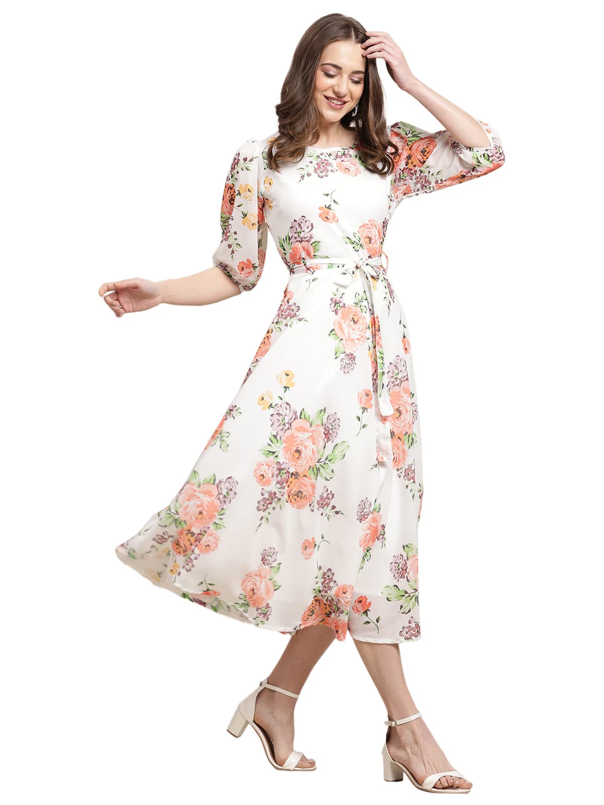 Preneum Women's Georgette Maxi Fit & Flare, Regular Sleeves, Long Gown Style, Casual Wear (In, Alpha, M, Plus, Off White)