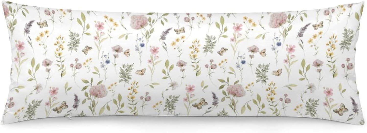 Spring Body Pillow Cover Wild Flower Pillowcase with Zipper | Sage Green Pink Decorative Rectangle Pillow Case Colorful Seasonal Floral Plant Cushion Cover for bed couch, 20x54 Inch