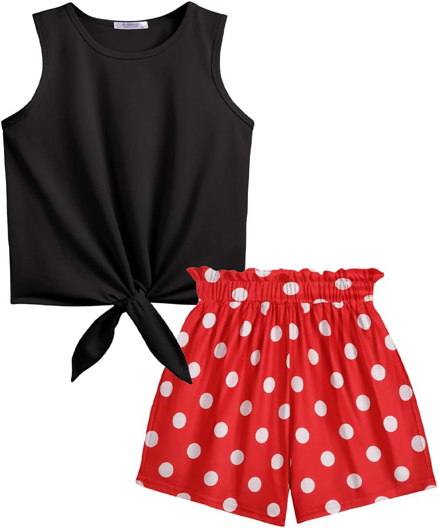 Arshiner Girl's 2 Piece Outfits Summer Tie Knot Tank Top and Paperbag Waist Pocketed Short Sets
