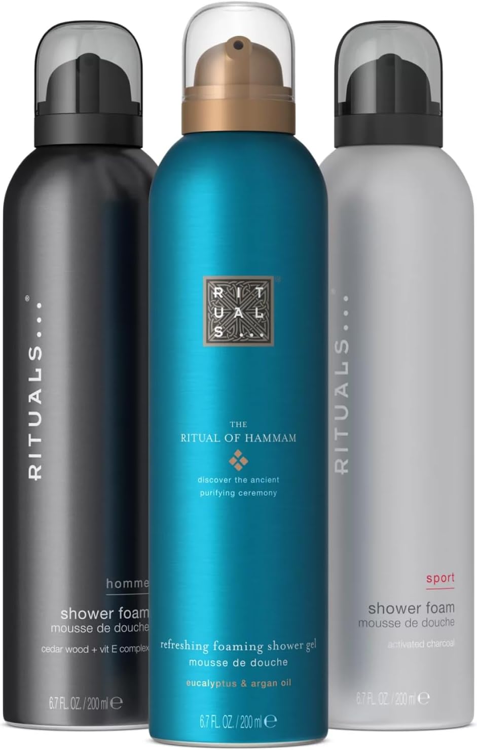 โ Shower Foam Value Pack โ The Ritual of Hammam, Sport and Homme - full size foaming shower gels - 3 x 200 ml
