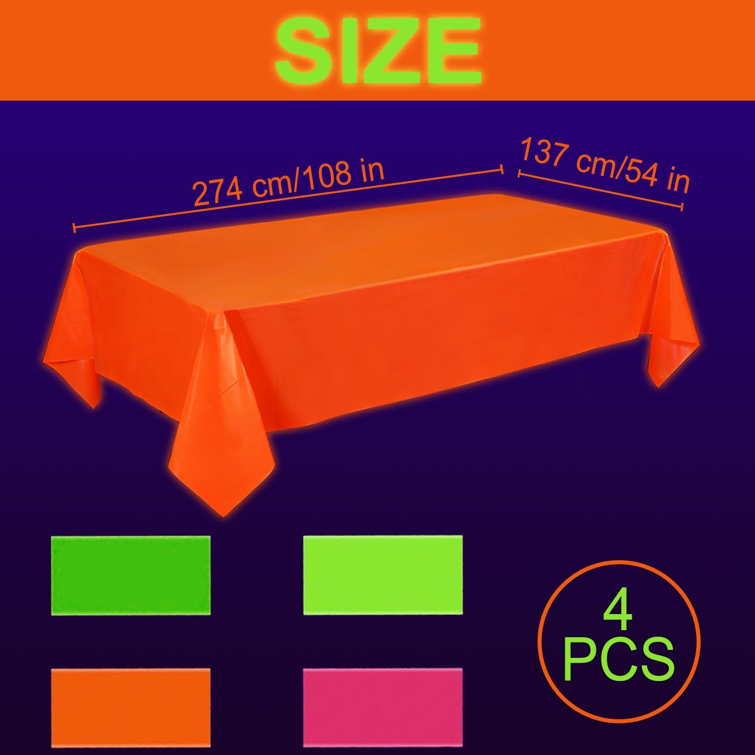 Oigco 4 Pack Neon Tablecloths, Neon Party Decorations, Pink Orange Green Glow in The Dark Plastic Table Cover for Glow in the Dark Party Supplies, 54 x 108 Inch
