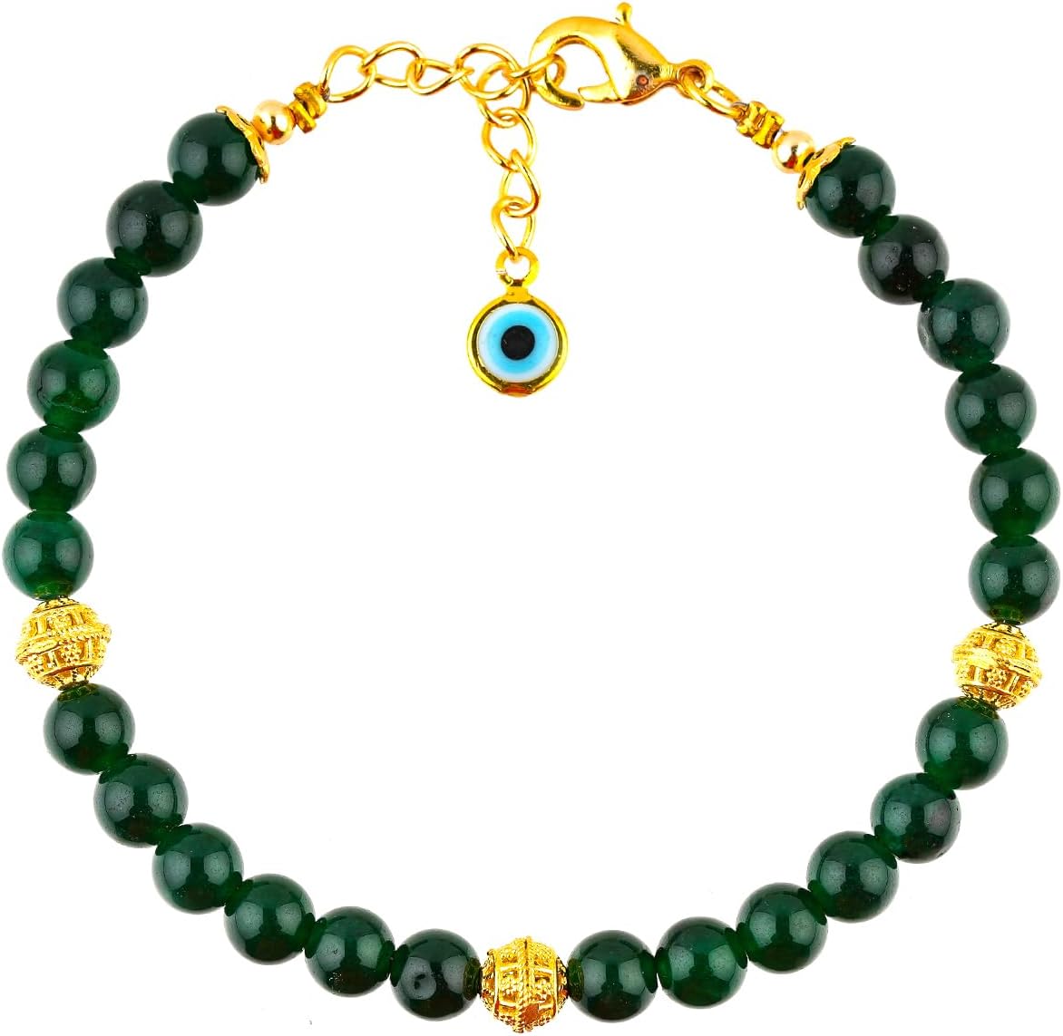 AAA Grade Natural Gemstone Beaded Bracelet, 14K Gold Plated with Evil Charm, Wicca & Reiki Healing Crystals, Handmade Bohemian Jewelry, Christmas Gift for Women (7+1inch)