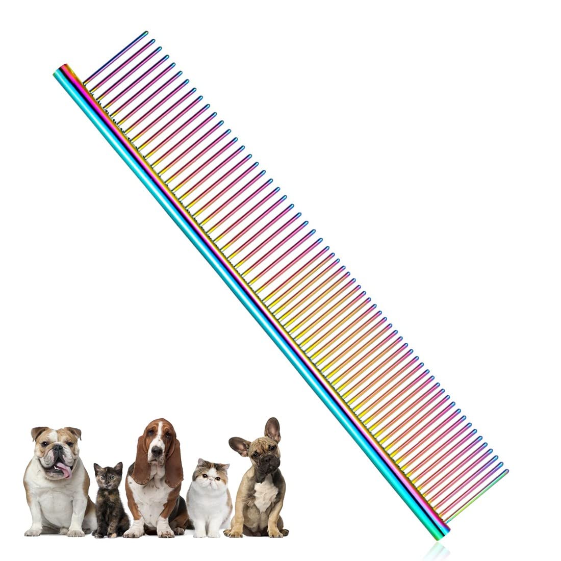 Clyhon Peine de Aseo de Mascotas de Acero Inoxidable Peine de Perros de Dientes Redondeados para Perros y Gatos Grandes, Medianos y Pequeños con Pelo Corto/Largo Enredado