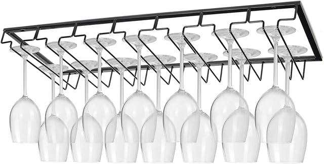 XJYMCOM 7 Slots 14 Cups Wine Glass Rack Hanging Wine Glass Rack Metal Black Under Cabinet Hanging Wine Champagne Glass Goblets Goblets Shelf for Cabinet Kitchen Bars Pub(22.5x70cm)
