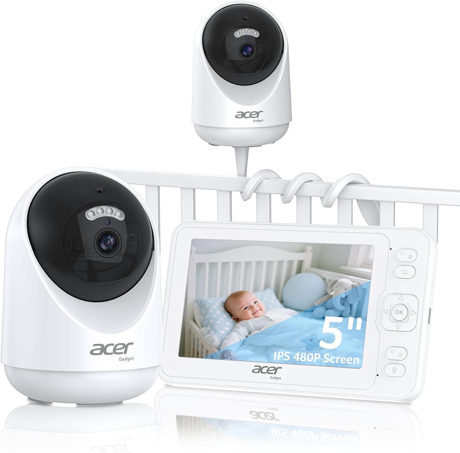 Acer Smart Baby Monitor 5” No WiFi 1080P Camera with Audio, 1000ft Range, Pan Tilt, Night Vision, Temperature Sensor, 2-Way Talk