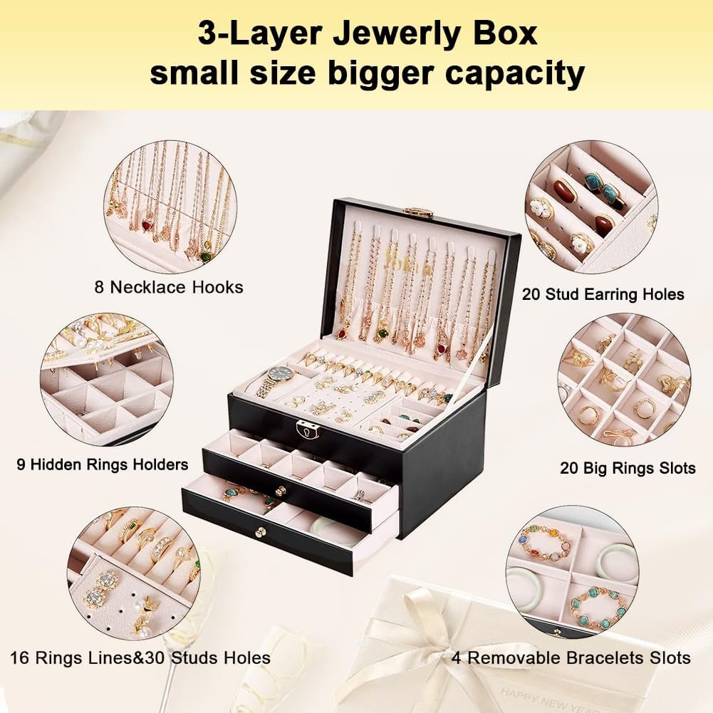 YOLAH Jewelry Box Organizer for Women, 3-Layer PU Leather Storage Case with Lock & Drawers, Compact Jewelry Organizer for Rings, Earrings, Necklaces & Accessories (Black)