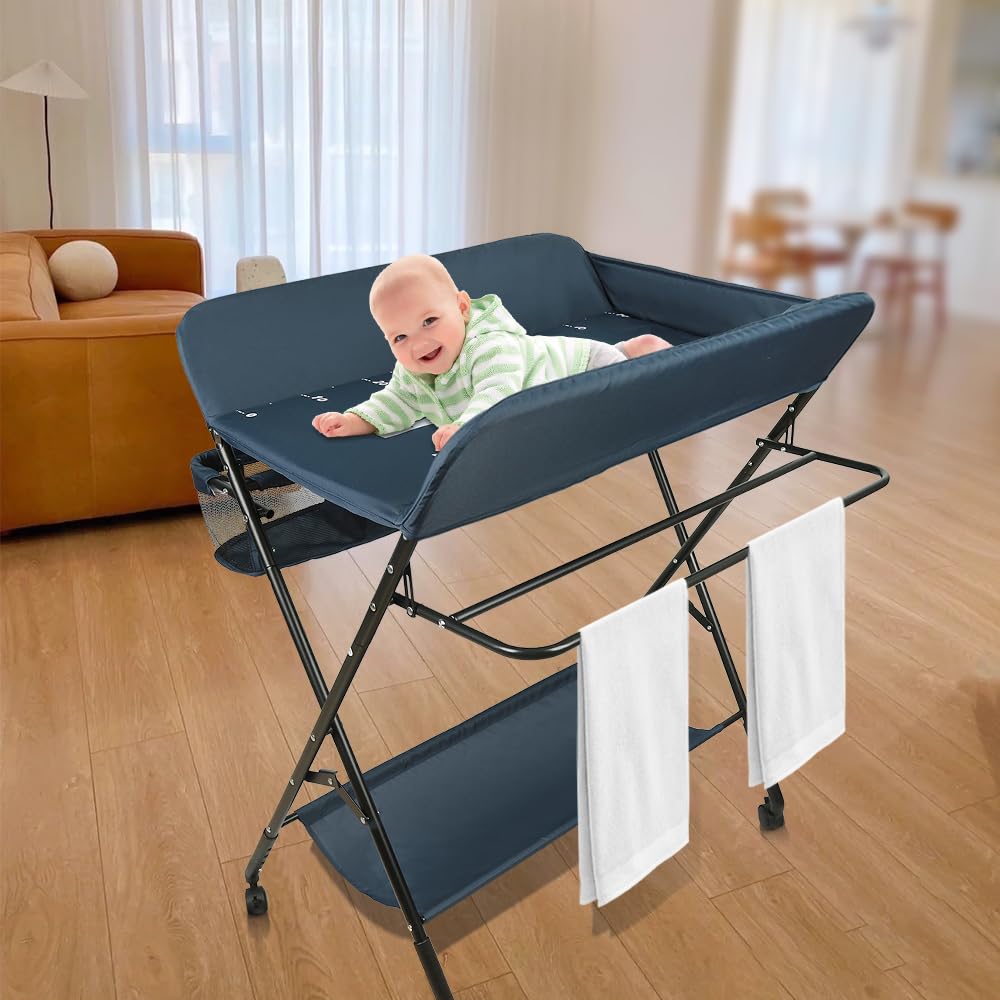 Homewell - Mesa cambiador plegable con ruedas, mesa de pañales portátil con altura ajustable con estantes de almacenamiento para recién nacidos (azul oscuro)