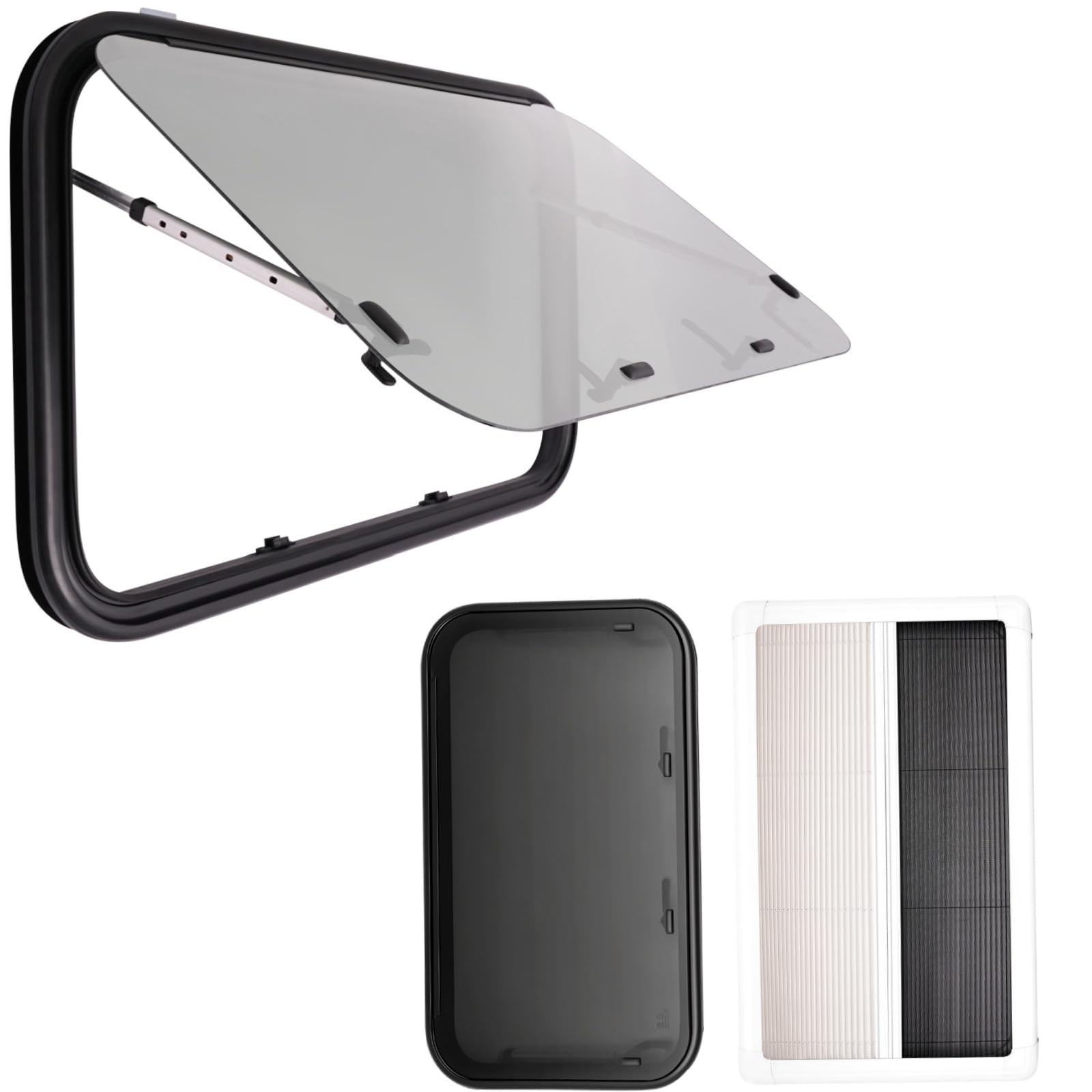 Wohnmobil Fenster Wohnwagen Fenster 900x550mm - E8 R43 Ausstellfenster Camper 65° Wohnmobilfenster Externes Push Fenster mit Fliegengitter＆Integriertem Rollo Sonnenschutz für Wohnwagen Van Camper