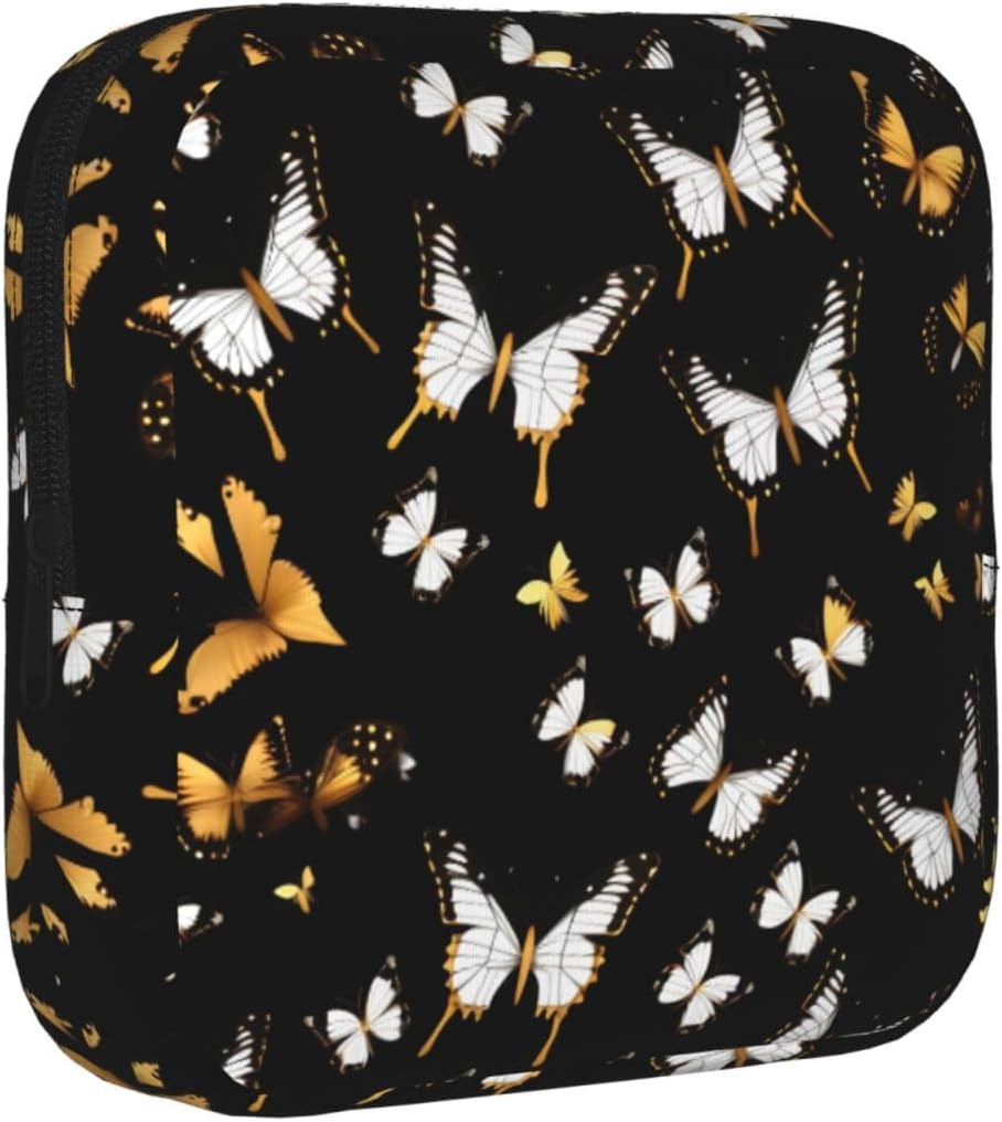 Gold White Butterflies Black Print Multifunctional Storage Bag Pad Bag Skin-Friendly Period Pouch Reusable Tampon Bag for Female