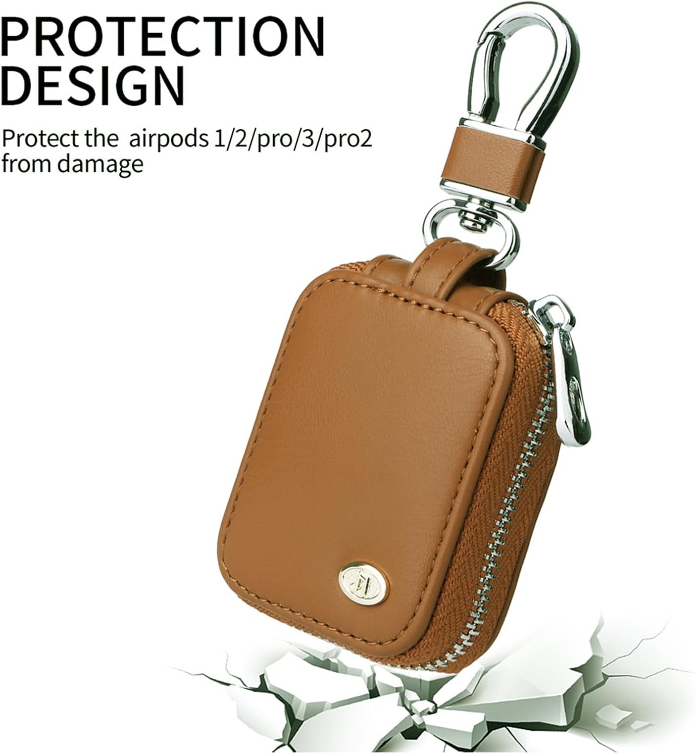 Earphone Case for AirPods 4/3/ 2/1/ AirPods Pro 3 with Carabiner, PU Leather Pouch Bag with Zipper, Travel Storage Bag for Wireless Earbuds, Wired Earphones and Charging Cables EB-Brown - Image 6