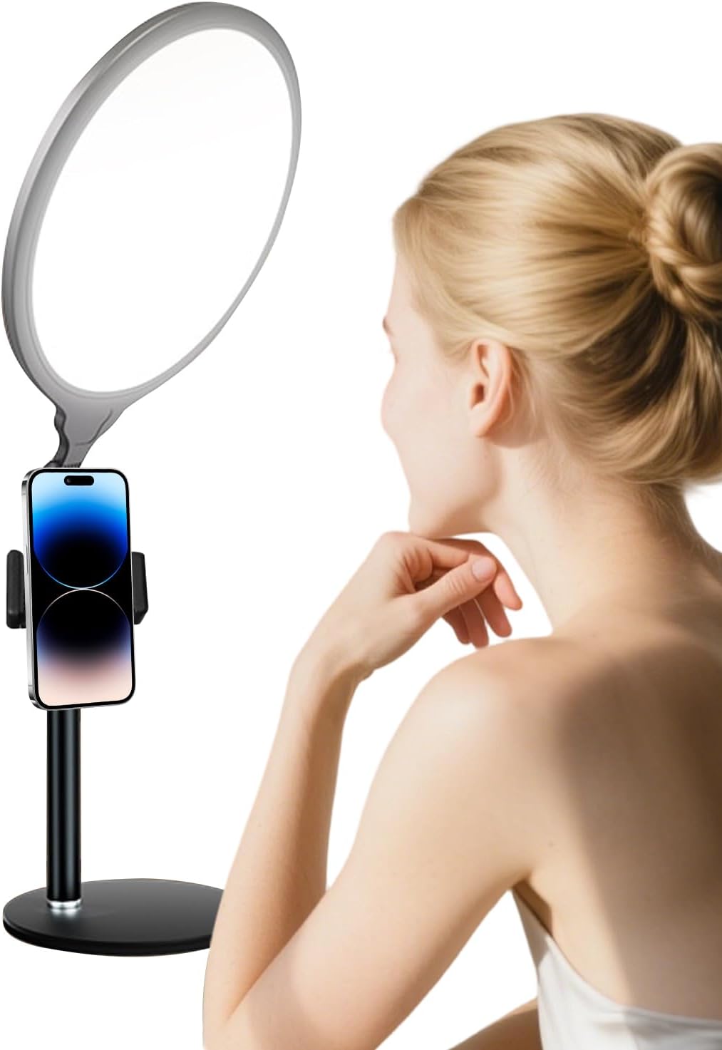 Desk Ring Light, Full-Screen Dimmable LED Lamp with Adjustable Phone Holder, Selfie Ring Light Stand with 3 Brightness Modes, Perfect for Meeting Live Streaming Video Conference Podcast Vlog