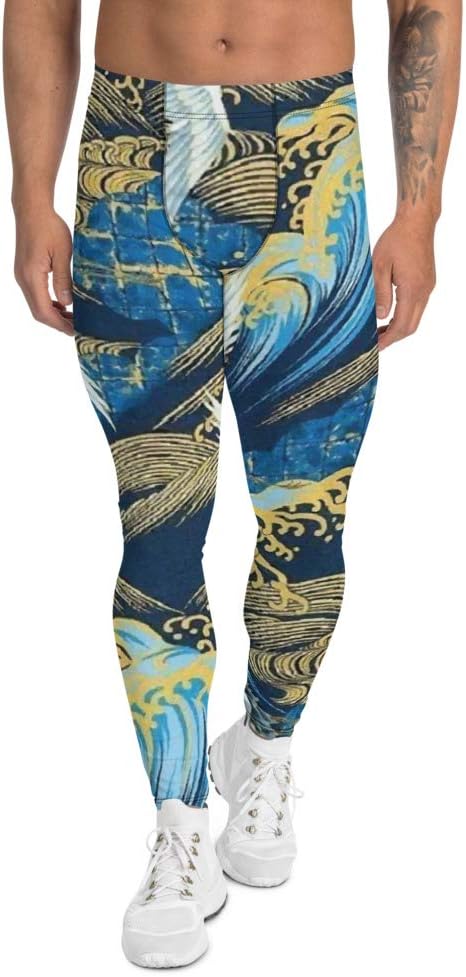Men’s Leggings Workout Gym Pants Track Running Tights Yoga Athletic Sports Training Meggings Mosaic Japanese. Ocean Blue