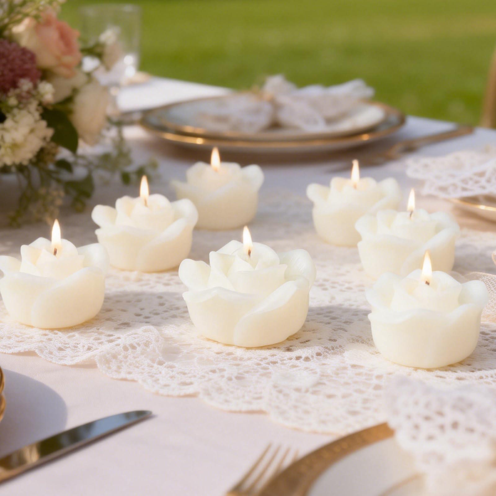 Candele a forma di fiore, confezione da 50 candele tealight in cera di soia alla vaniglia bianca | Candele di soia a forma di rosa, ideali per decorare la tavola di nozze, centrotavola per feste e bomboniere.