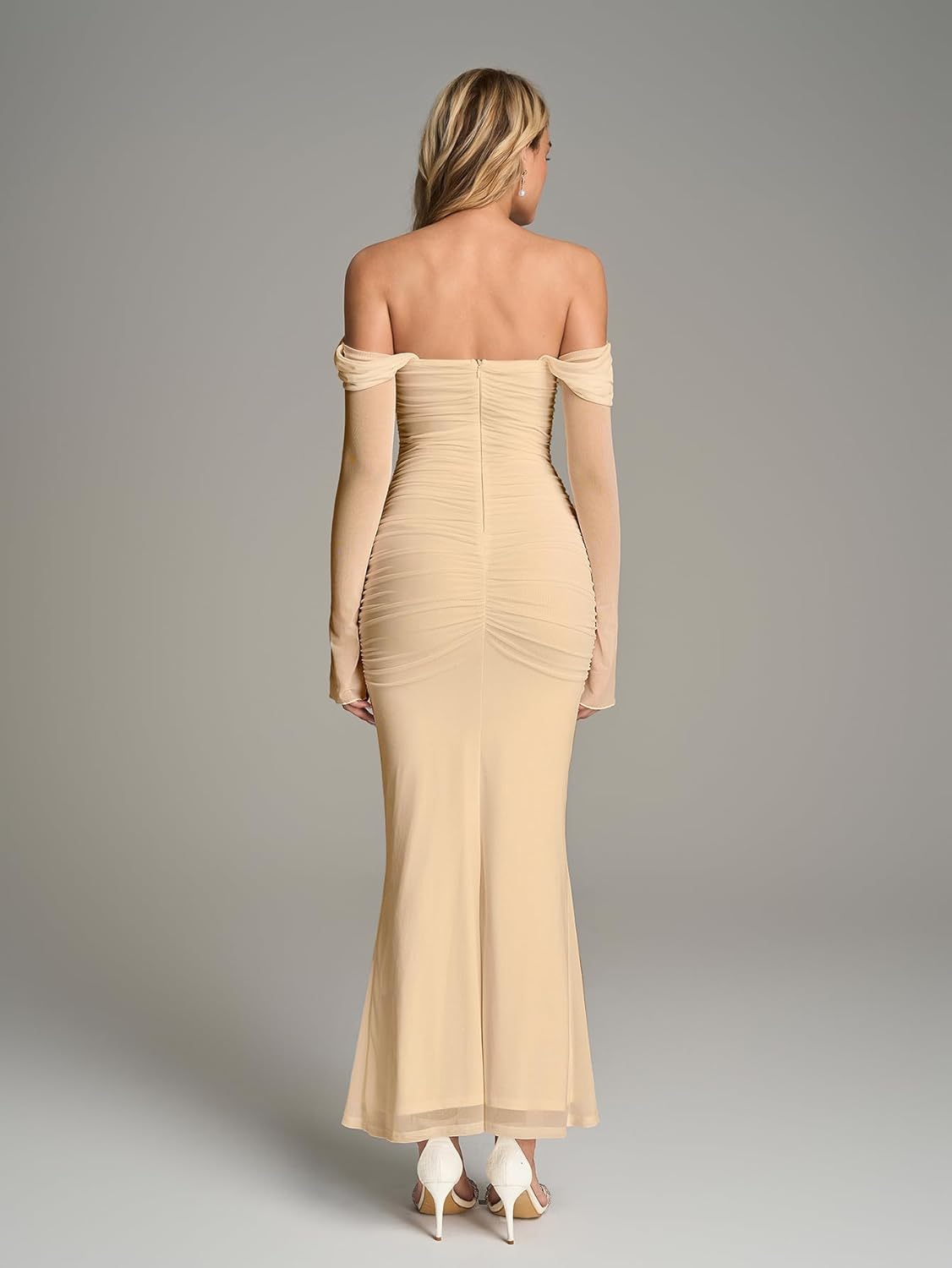 KUTUMAI Off Shoulder Long Sleeve Maxi Dress Corset Bodycon Ruched Cocktail Formal Wedding Guest Dresses for Women - Image 4