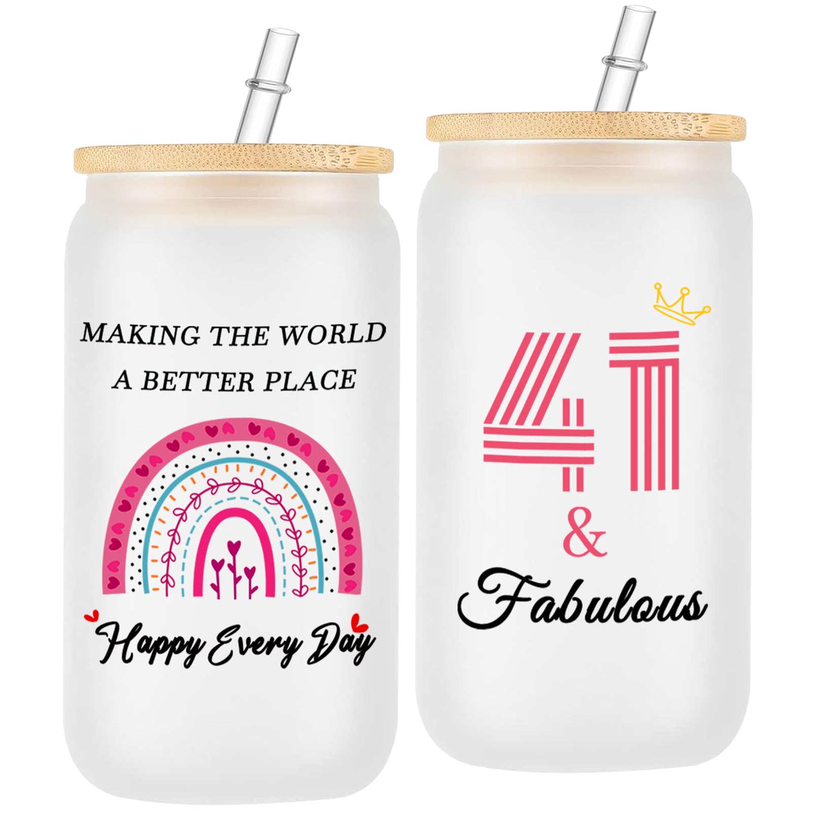 ERYUWOZA 41th Birthday Gifts, 41th Birthday Decorations for Her, Women, Wife, Mom, Sister, Daughter, Friends, 1984 Turning 41 Year Old Birthday Glass Cup with Straw and Lid, 16oz