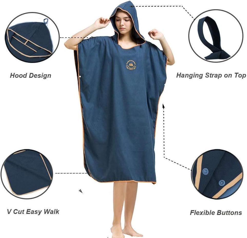 Hiturbo Microfiber Surf Poncho, Wetsuit Changing Bath Robe, Quick Dry Pool Swim Beach Towel with Hood