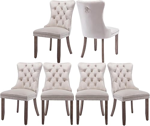 Miniatura 8 de Juego de 2 sillas de comedor, sillas de comedor tapizadas con respaldo alto, ribete de cabeza de clavo y patas de madera maciza, silla de comedor