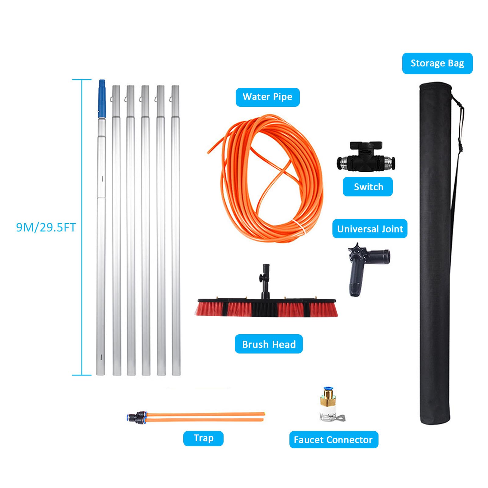 Kit de Barra cópica para Limpieza de Ventanas con Cepillo Alimentado por Agua: Limpiador de Paneles solares Extensible para techos de Invernadero y Limpieza sin Marc